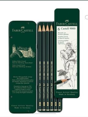 New! Faber-Castell 9000 Graphite Pencil tin set of 6 Superior quality. HB-8B